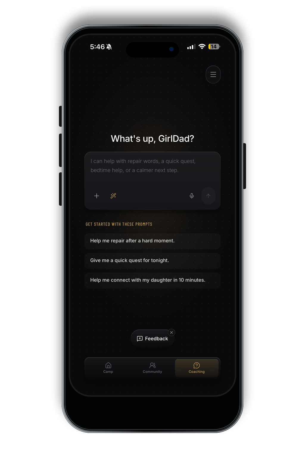 Girl Dad App AI Coach conversation screen.