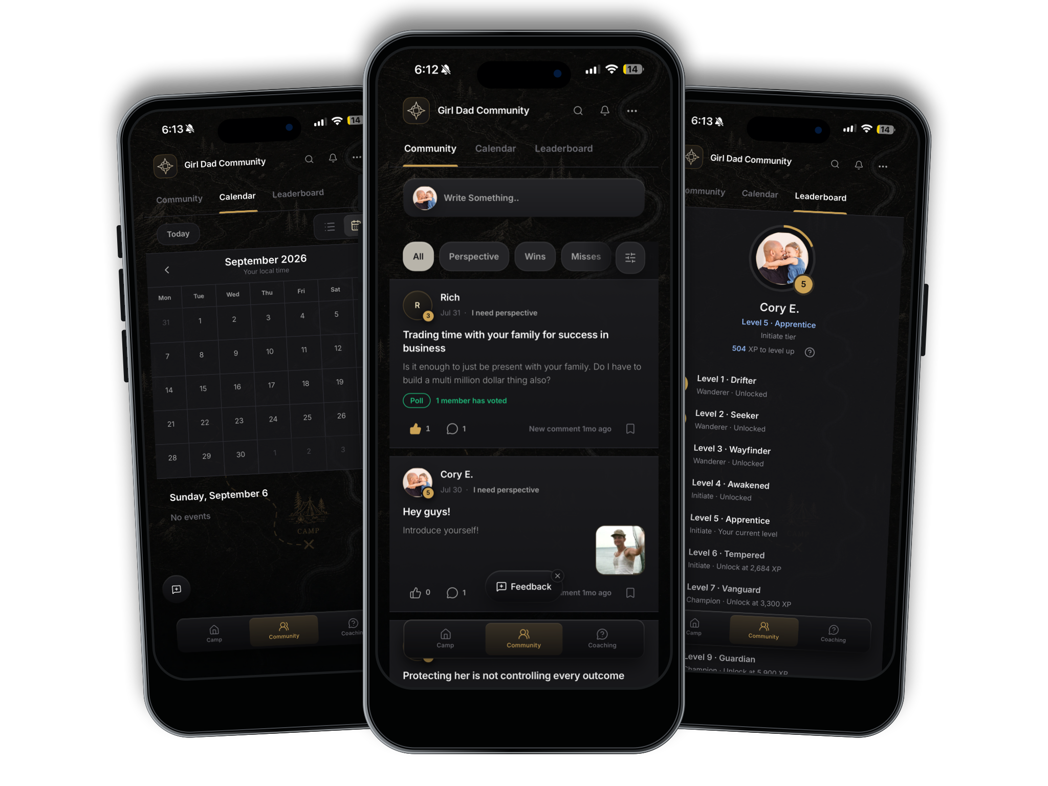 Three Girl Dad App Community screens showing the feed, calendar, and leaderboard.