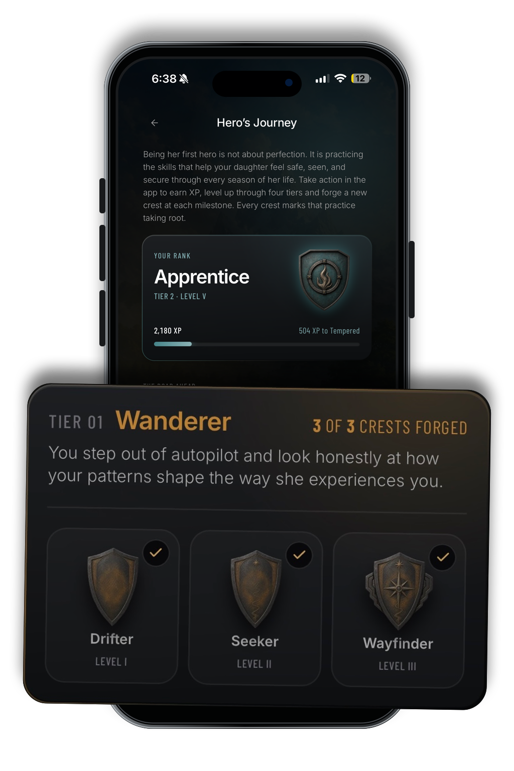 Girl Dad App Hero's Journey progress screen with the Wanderer tier.
