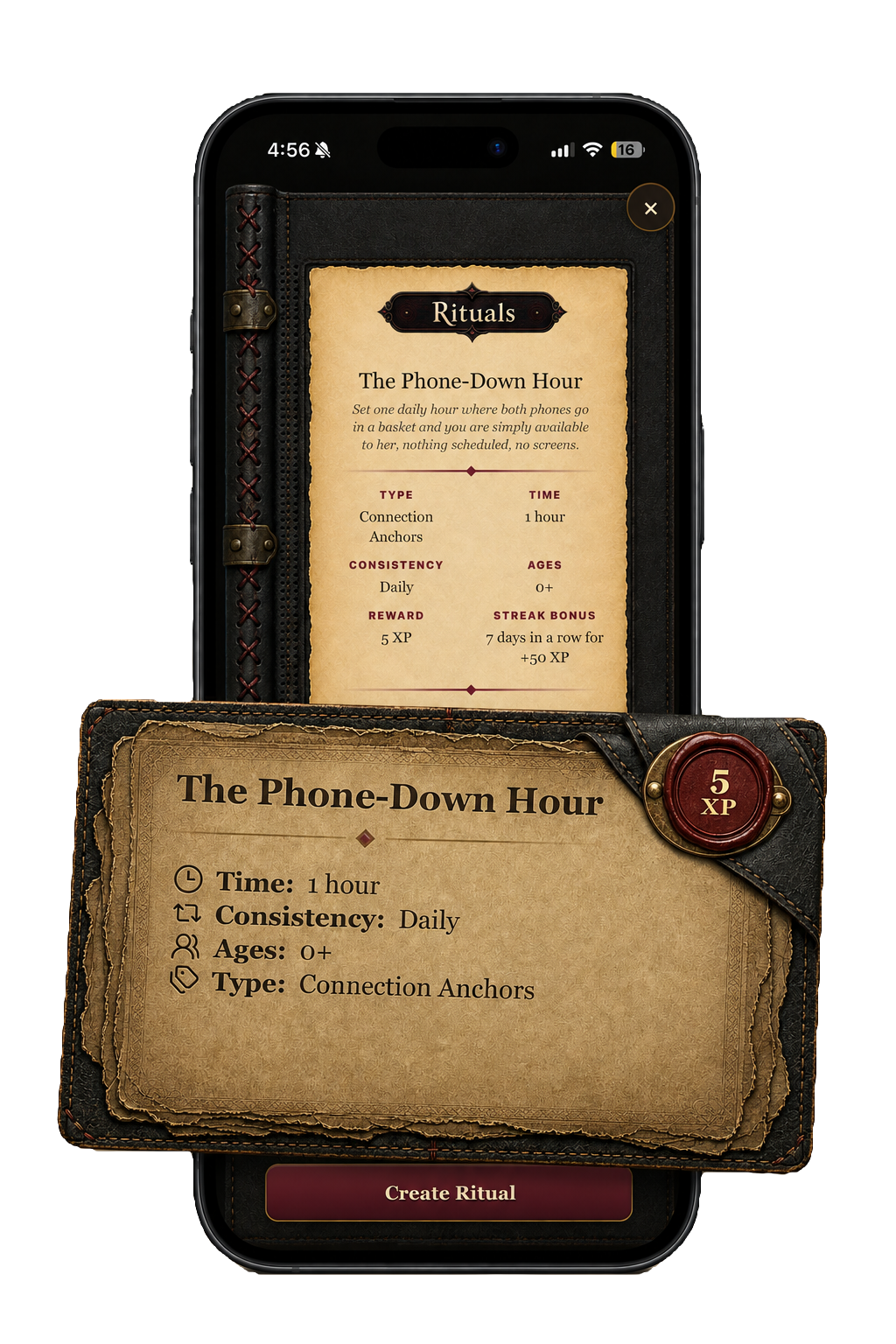 Girl Dad App Ritual screen with The Phone-Down Hour card.