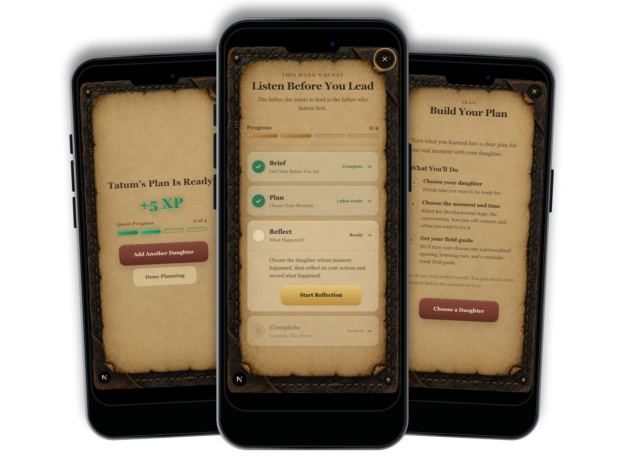 Three Girl Dad App screens showing a Weekly Quest plan, progress, and completion.